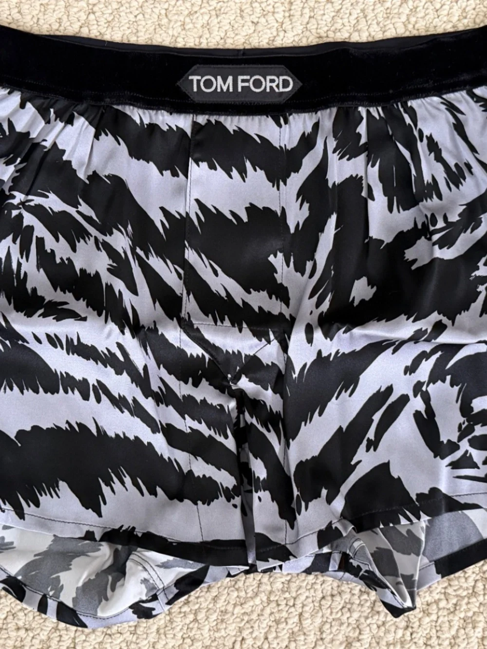 Tom Ford Gray Black Zebra Stretch Silk Logo Velvet Waistband Boxer Shorts
